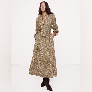 Banana Republic Cotton Utility Zip Maxi Dress Green Camo Feathers